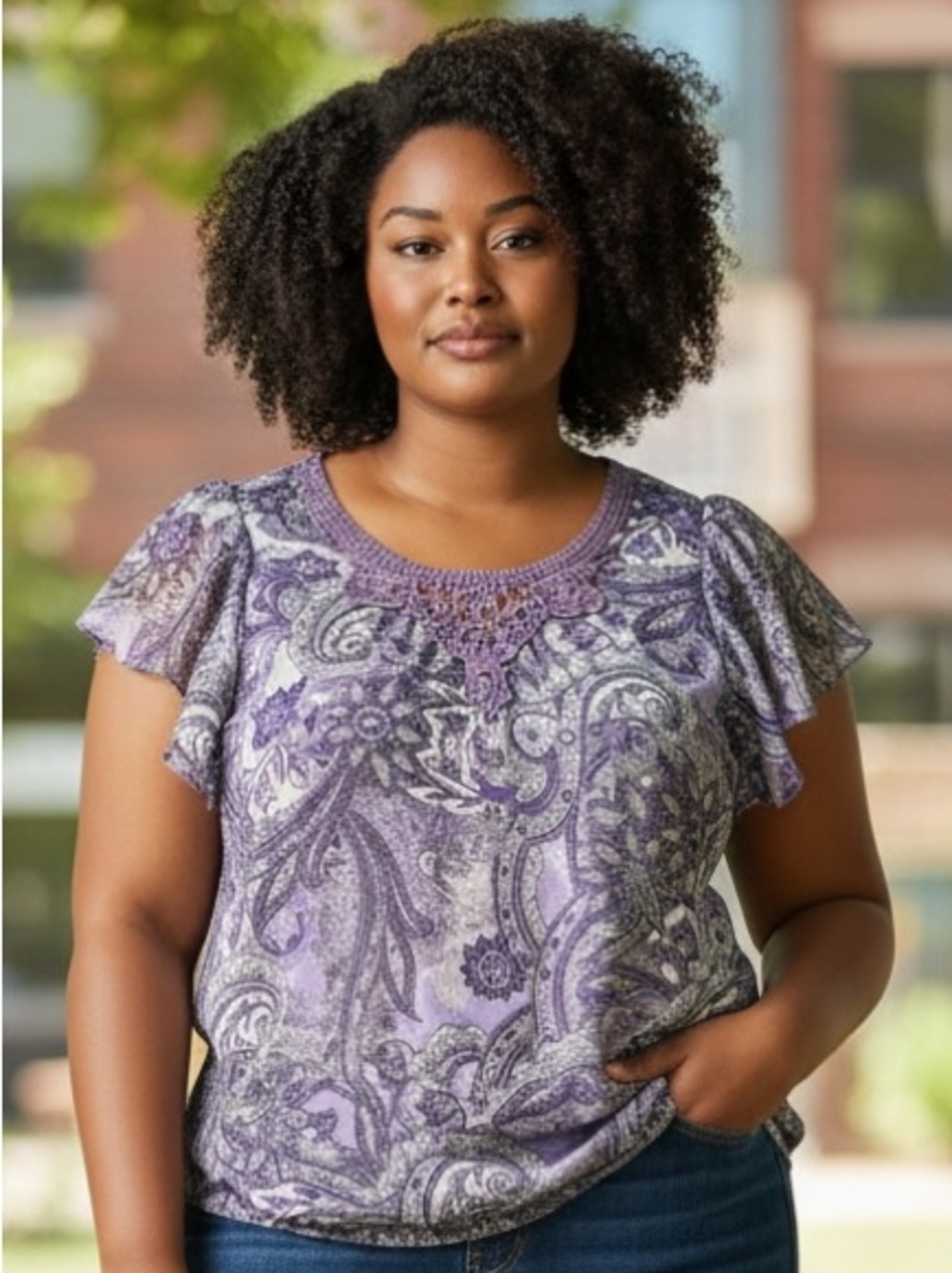 Apt. 9 Women’s Lavender Paisley Crochet-Neck Flutter Sleeve Casual Dress Top